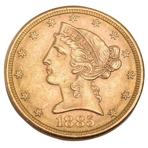 USA - 5 Dollars 1885/S, Coroned Head, GOLD,