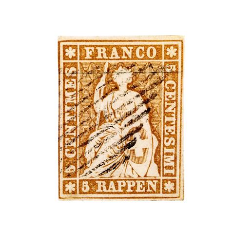 Schweiz - 1855/57, 5 Rappen graubraun, 1. (früher) Berner Druck auf