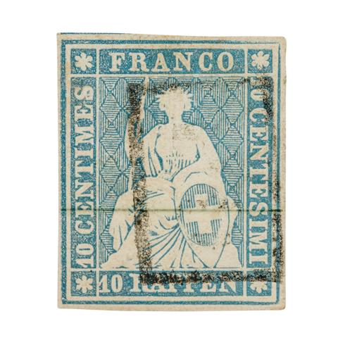 Schweiz - 1854/63, 10 Rappen lebhaftpreussischblau, sitzende Helvetia, ungezähnt, Münchner Druck, auf dünnem Münchner Papier,