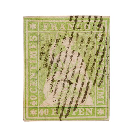 Schweiz - 1854/63, 40 Rappen lebhaftgrünlicholiv, sitzende Helvetia, ungezähnt, Münchner Druck, auf dünnem Münchner Papier,