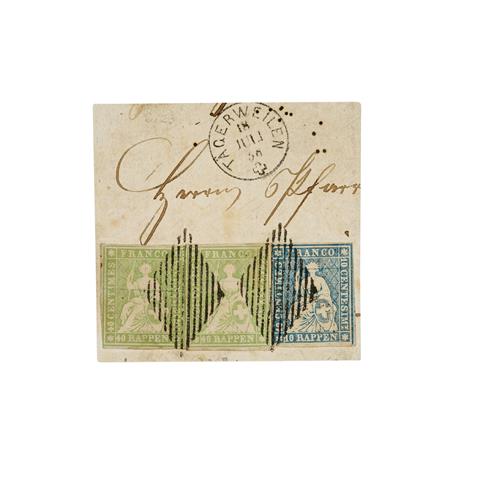 Schweiz - 1854/63, 40/40/10 Rappen, sitzende Helvetia, auf Briefstück,