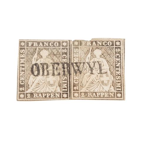 Schweiz - 1862, 2 x 2 Rappen grau auf Briefstück,