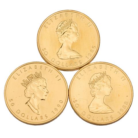 3 x Kanada/Gold - 50 Dollars 1985/1988/1990, Maple Leaf,