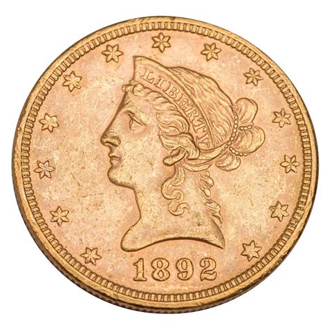 USA - 10 Dollars 1892, ohne Münzzeichen, Eagle, GOLD,