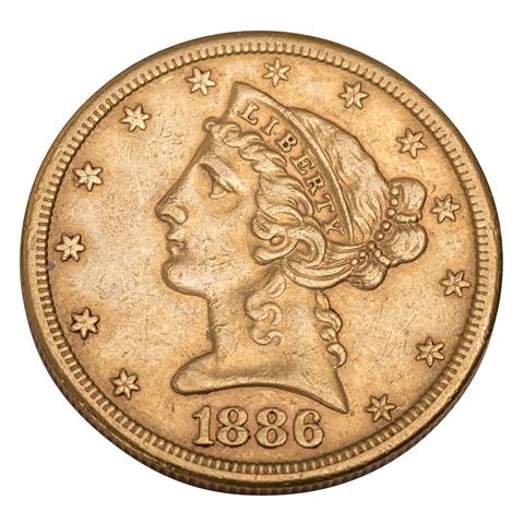 USA/GOLD - 5 Dollars 1886/S, Liberty Head, ss, berieben,