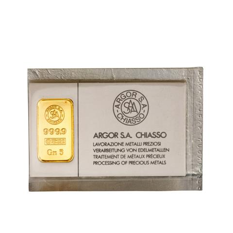 GOLDbarren – 5 g GOLD fein, Goldbarren geprägt, Hersteller Argor S.A. Chiasso,