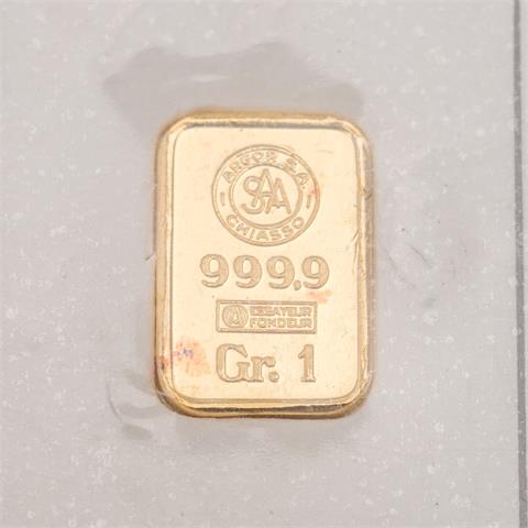 GOLDbarren – 1 g GOLD fein, Goldbarren geprägt, Hersteller Argor S.A. Chiasso,