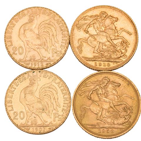 Kleines Investment Lot in GOLD - 2 x Sovereign (1913, 1958) + 2 x 20 Francs (1907, 1912)