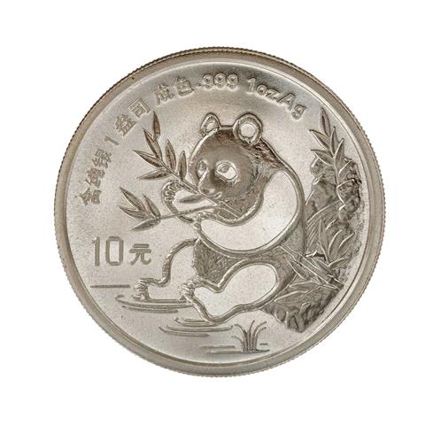 China/Silber - 10 Yuan 1991, Panda isst Bambus am Fluss,