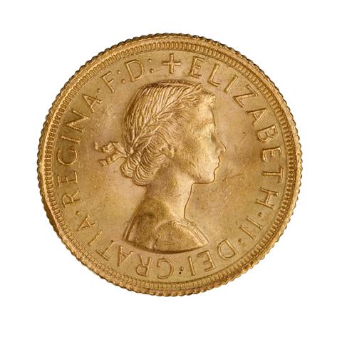 Großbritannien /GOLD - Elisabeth II mit Schleife, 1 Sovereign 1963,