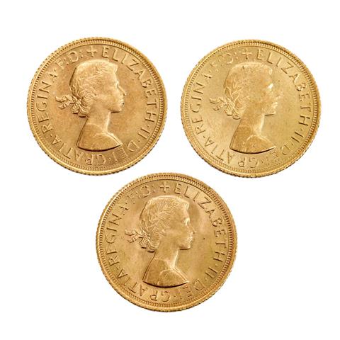 Großbritannien /GOLD - Elisabeth II mit Schleife, 3 x 1 Sov. 1964