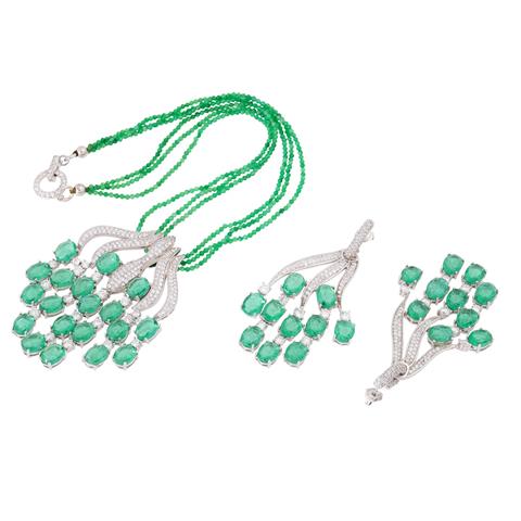 Modeschmuckset Collier und Ohrhänger mit grünen Imitationssteinen,