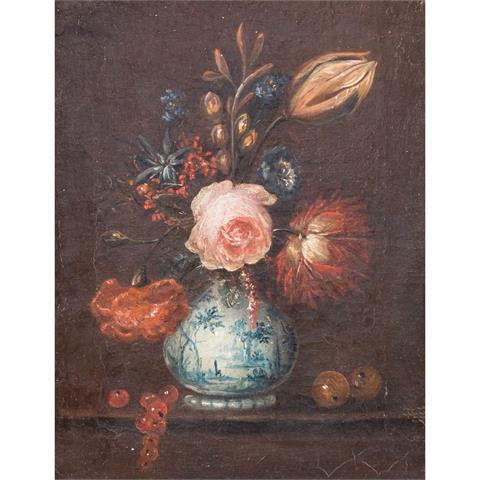 MALER/IN 18./19. Jh., "Blumen in weißer Keramikvase mit blauer Landschaftsmalerei",