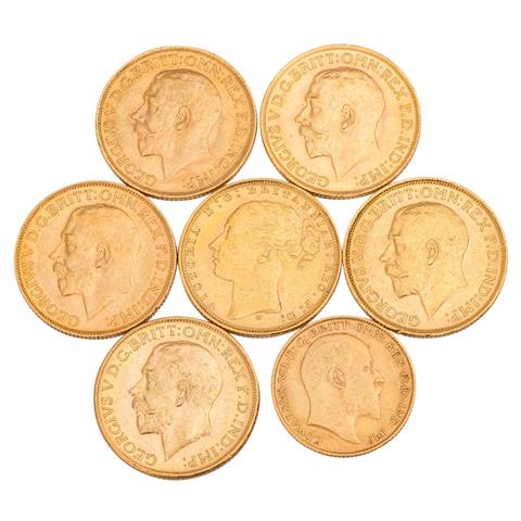 6,5 historische Sovereigns: 1879 (Victoria), 1911/M, 1913/S, 1914 (2), 1918/P,