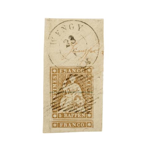 Schweiz - 1855/57, 5 Rappen mittelbraun, Berner Druck auf Münchner Papier grüner Seidenfaden,