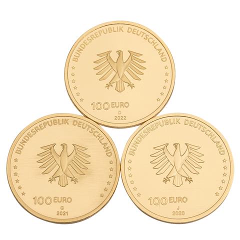 3 x BRD/Gold - 100€ der Jahre 2020/J, 2021/G, 2022/D, Einigkeit, Recht, Freiheit,