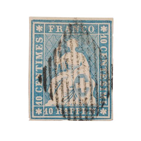 Schweiz - 1854: 10 Rappen preußischblau, Münchner Druck auf mittelstarkem Papier, Bogenrand,