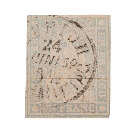 Schweiz - 1855/56: 1 Franken blaugrau, Berner Druck, mittelstarkes Münchner Papier,