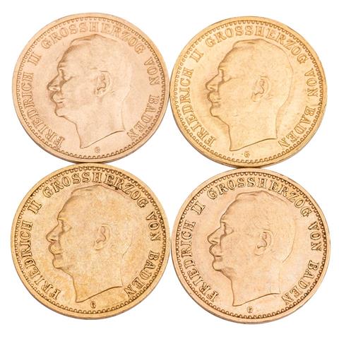 4 x Großherzogtum Baden/ Gold - 10 Mark der Jahre 1909/ 1910/ 1912/ 1913/ G,