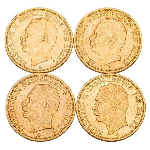 4 x Großherzogtum Baden/Gold - 20 Mark 1911/ 1912/ 1913/ 1914/ G,