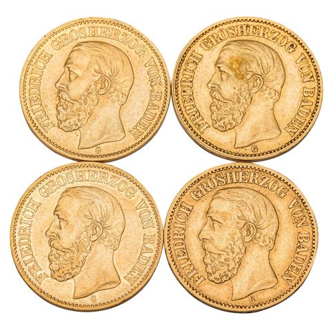 4 x Großherzogtum Baden/Gold - 20 Mark 1894/1895/G und 1872/1873/G,