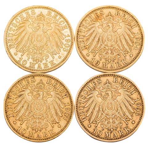 4 x Großherzogtum Baden/Gold - 10 Mark 1903/ 1904/ 1906/ 1907/ G,
