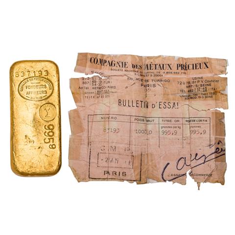 Historischer GOLDbarren aus Frankreich - ca. 994.9 Gramm oder 35.09 Unzen Gold fein, 995.9er Legierung,