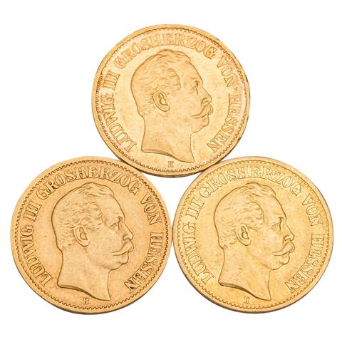 3 x Hessen/Gold - 10 Mark 1875/1876/1877/H, Ludwig III.,
