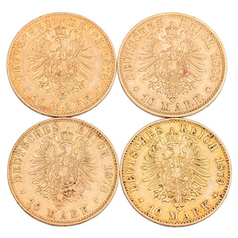 4 x Hessen/Gold - 10 Mark 1878/H (2x) / 1879/H / 1888/A, Ludwig IV.,
