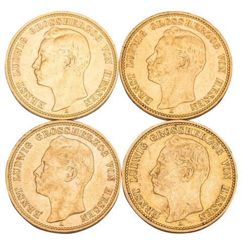 4 x Hessen/Gold - 20 Mark der Jahre 1905/ 1908 /1906 / 1911/ A,
