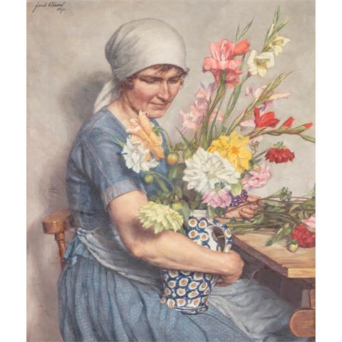 ULMER, HANS (1886-?) "Bauernmädchen beim Anfertigen eines Blumenstraußes in einer Vase"