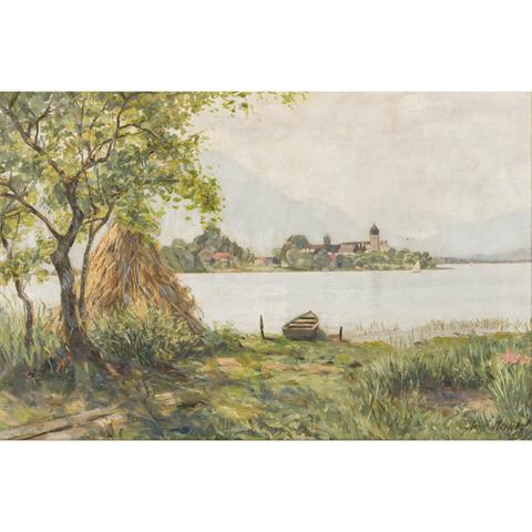 ULMER, HANS (1886-?) "Die Fraueninsel im Chiemsee mit dem Benediktinerinnenkloster und dem frei stehenden Glockenturm" 1919
