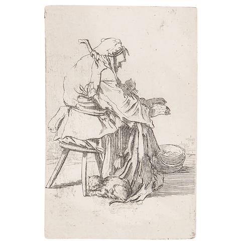 CALLOT, Jacques, NACH ( J. C.: 1592-1635), "Alte Frau, sich an einer Feuerschale wärmend",