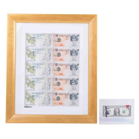 KONVOLUT BANKSY DOLLARS: One Dollar-Note mit Banksy-Motiv und Notenblatt 'Banksy of England',