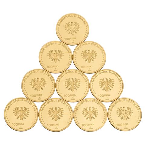 10 x BRD/GOLD - 100€ 2021 mit den Prägestätten A (4x)/ D(2x) / F(2x)/G (1x)/J (1x),