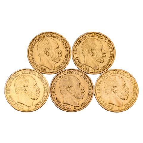 5 x Preussen/Gold - 20 Mark 1872/B, 1872/1873/ 1883/1887/A, Wilhelm I.,