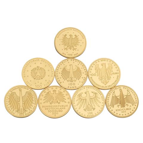 8 x BRD/GOLD - 100€ der Jahre 2011/G, 2012/G, 2014/D, 2015/G,