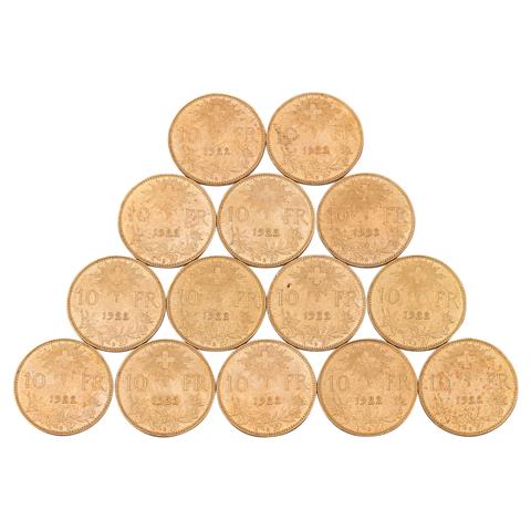 Schweiz Investmentlot /GOLD - 14 x 10 Sfr. Vreneli mit insg. ca. 40,6 g Feingold