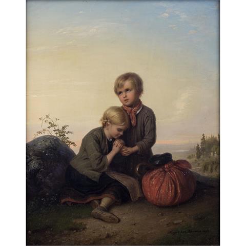 MEYER VON BREMEN, JOHANN GEORG (1813-1886) "Kinder sprechen ein Gebet während einer Rast" 1853