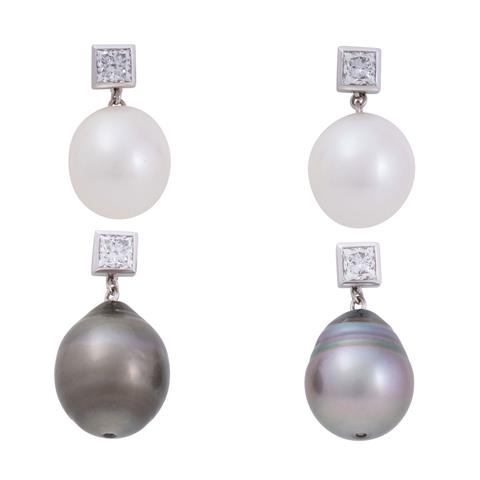 Ohrringe mit Prinzessdiamanten zus. ca. 0,5 ct und 2 Paar Perlen