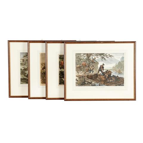 KONVOLUT 4 kolorierte Holzstiche zu Jagd und Reiterei, 19./20. Jahrhundert,