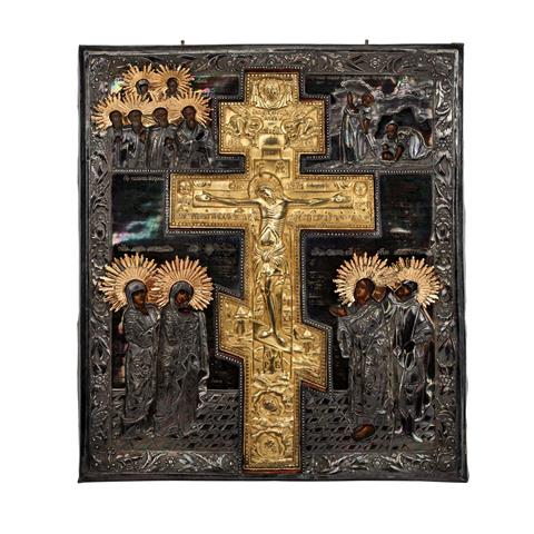 IKONE "Kreuzigung Christi", mit eingelegtem Kruzifix und Oklad, Russland 19. Jh.,