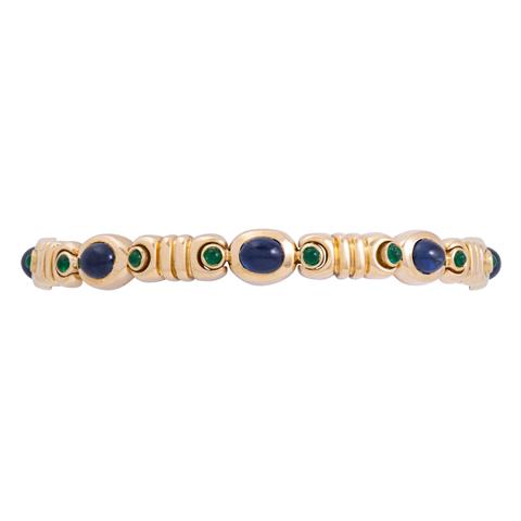Armband mit ovalen Saphir- und runden kleinen Smaragdcabochons,