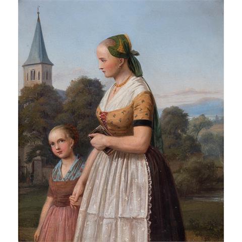 BERGER, GOTTLOB (act.1832-1862) "Mutter und Tochter auf dem Weg zur Kirche" 1849
