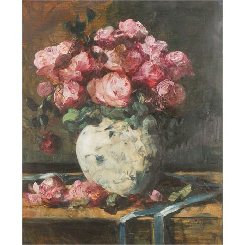 MÜLLER-WISCHIN, ANTON (1865-1949), "Stillleben mit rosafarbenen Rosen in weißer Kugelvase",