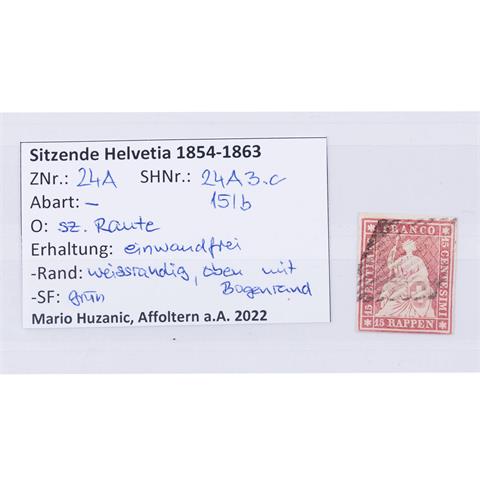 Schweiz - 15 Rappen 1854/63, sitzende Helvetia, ungezähnt, Münchner Druck,