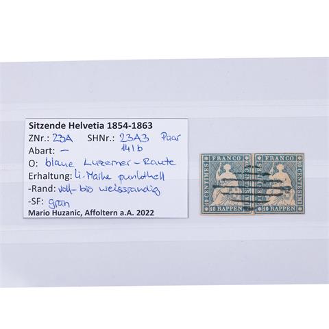 Schweiz - 2 x 10 Rappen 1854/63, mittelblau, sitzende Helvetia, ungezähnt, Müchner Druck,