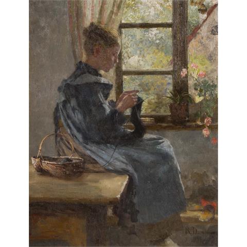 DAMMEIER, RUDOLF (1851-1936) "Häkelndes Mädchen am Fenster sitzend" 1900
