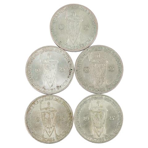 5 x Weimarer Republik - 3 RM 1925/ A/D/E/G/J,