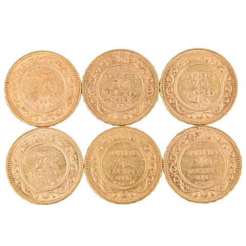 Tunesien /GOLD-Lot mit 6x 20 Francs, insg. ca. 34,8 g